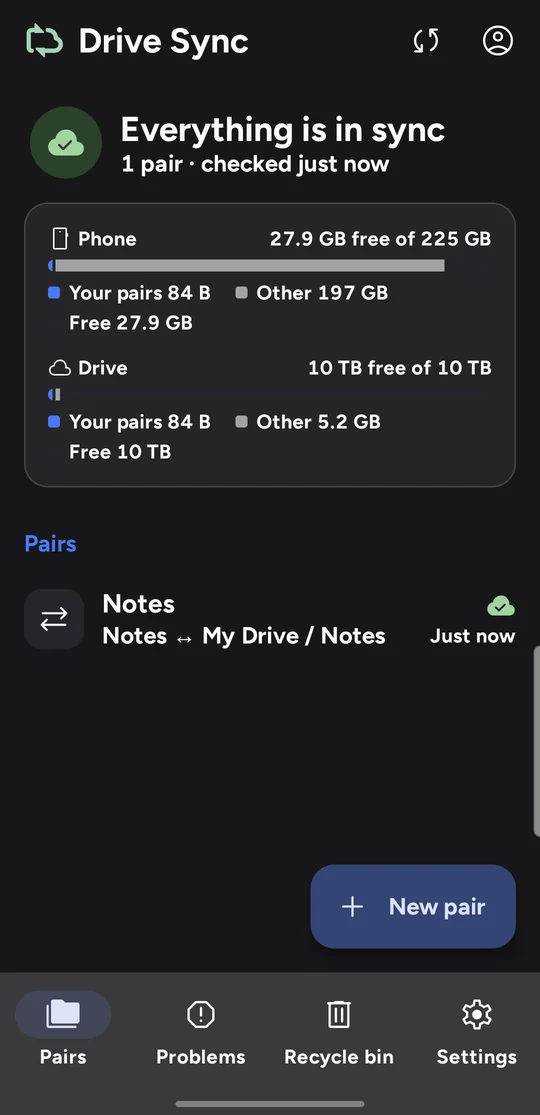 Drive Sync's home screen: everything is in sync, phone and Drive storage, and a Notes folder pair.
