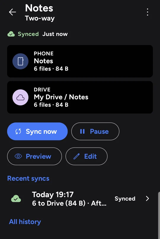 A pair screen: the Notes folder on the phone and My Drive / Notes, both with 6 files, and the latest sync.